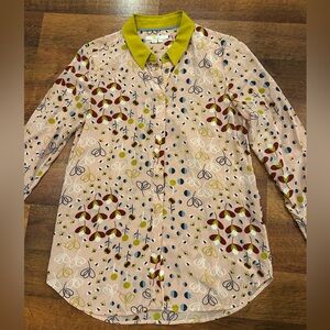 Boden Multicolor Patterned Blouse with Green Collar